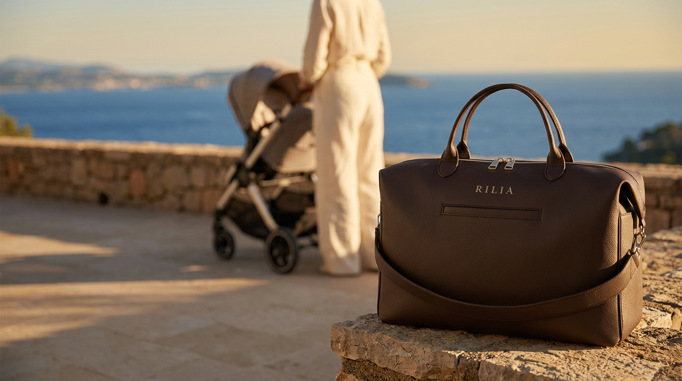 Elegante Mutter mit Kinderwagen und brauner RILIA Wickeltasche an der Amalfi Coast