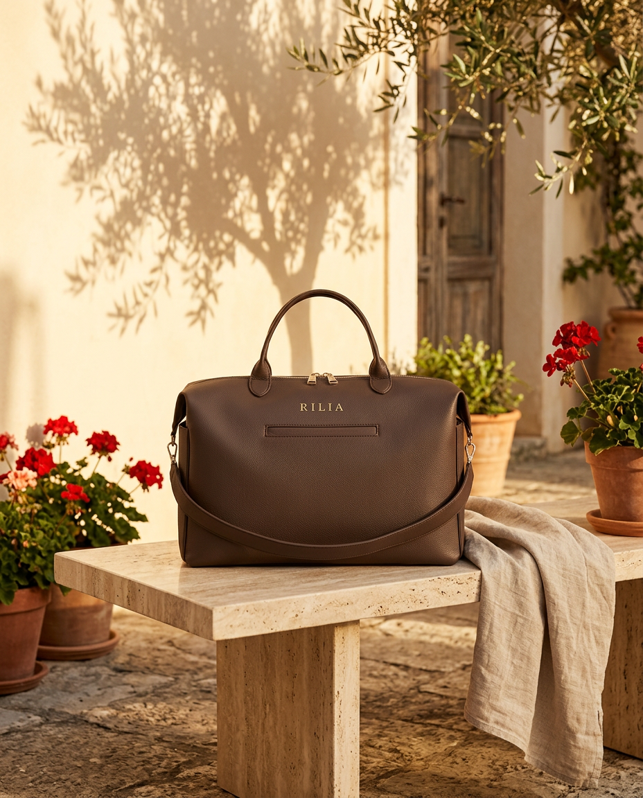 RILIA Signature Bag auf einer Travertinbank im mediterranen Hotelhof